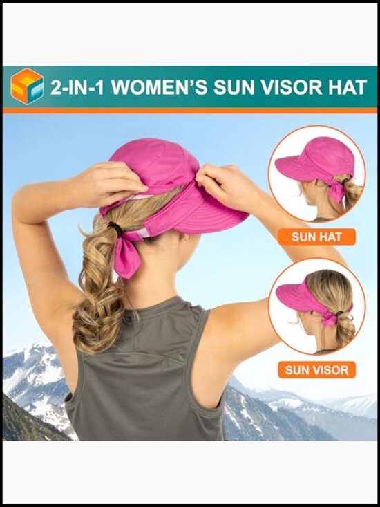 Wide Brim Sun Hat Convertible Visor UPF 50+ Ponytail Hole Outdoor Travel